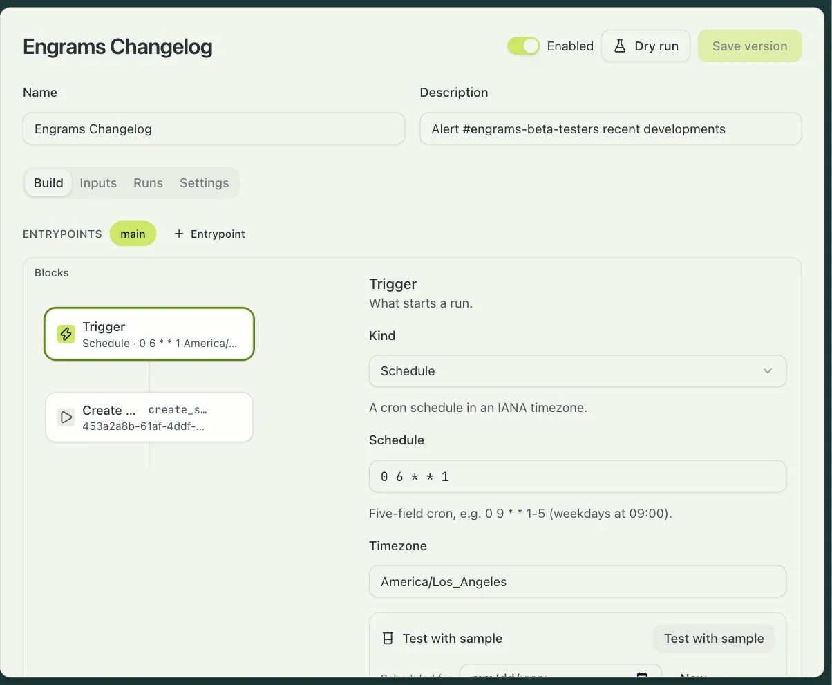 The automation builder, with a schedule trigger and a create-session block on the canvas