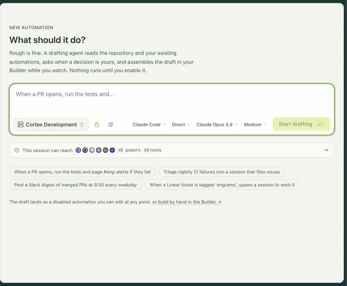 The New automation composer, where a sentence becomes a draft on the canvas