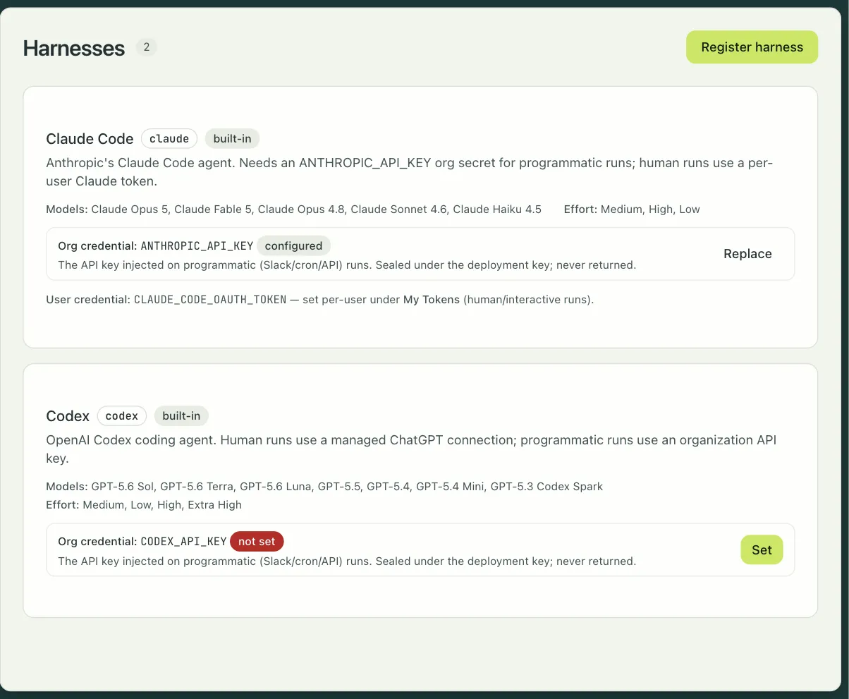 The Harnesses page: Claude Code and Codex with their models, effort levels, and org credentials