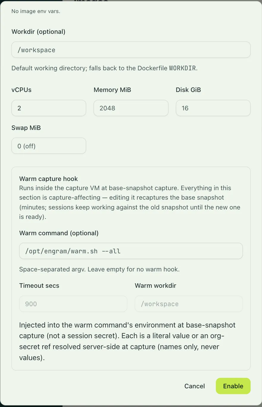 The Warm capture hook section of the image config: warm command, timeout, workdir, and the capture env
