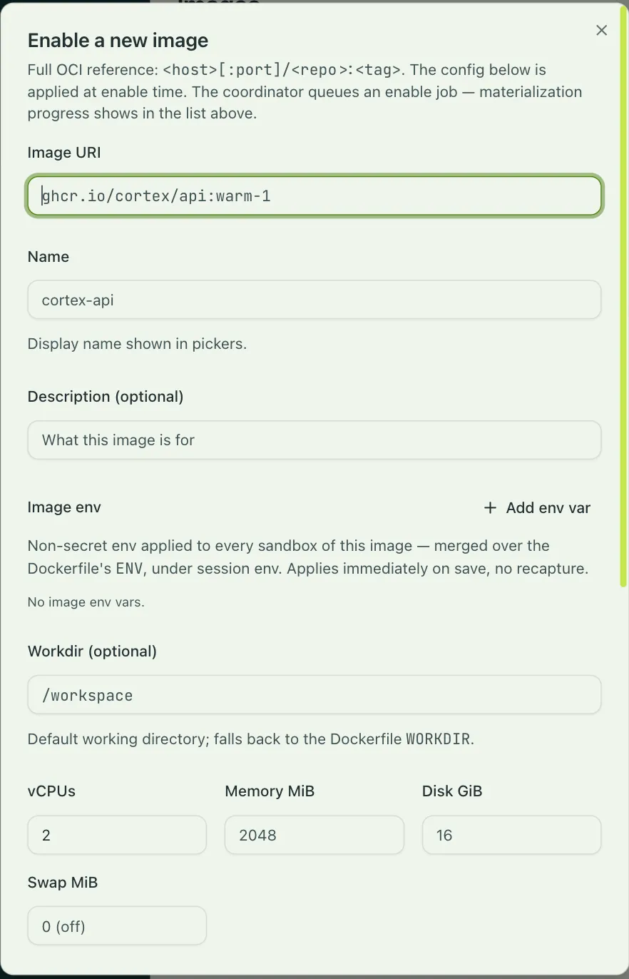 The Enable a new image dialog: image URI, name, description, image env, workdir, and the VM’s vCPUs, memory, disk, and swap