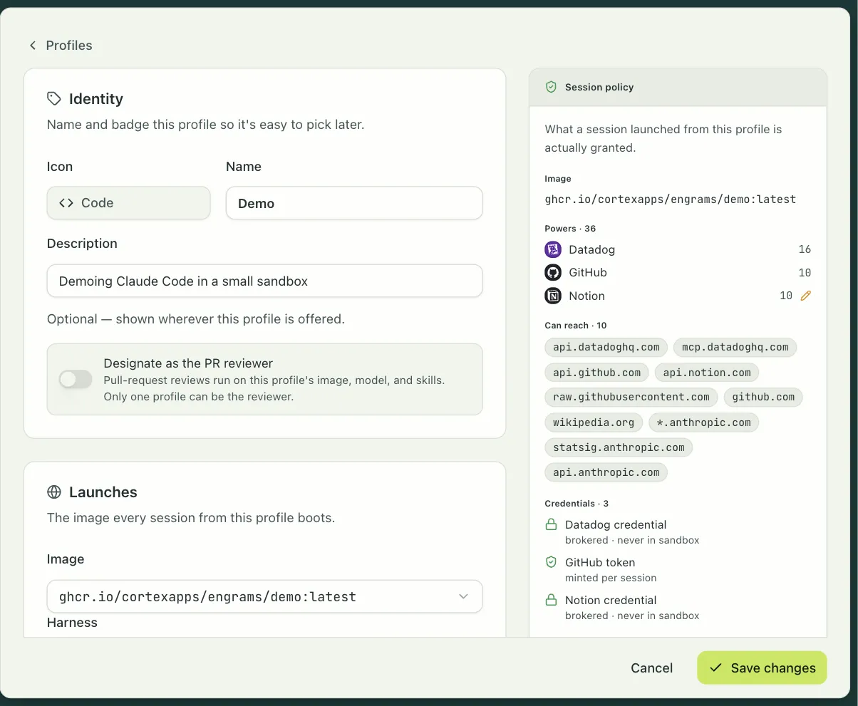 The profile editor, with the session policy panel listing powers, reachable hosts, and credentials