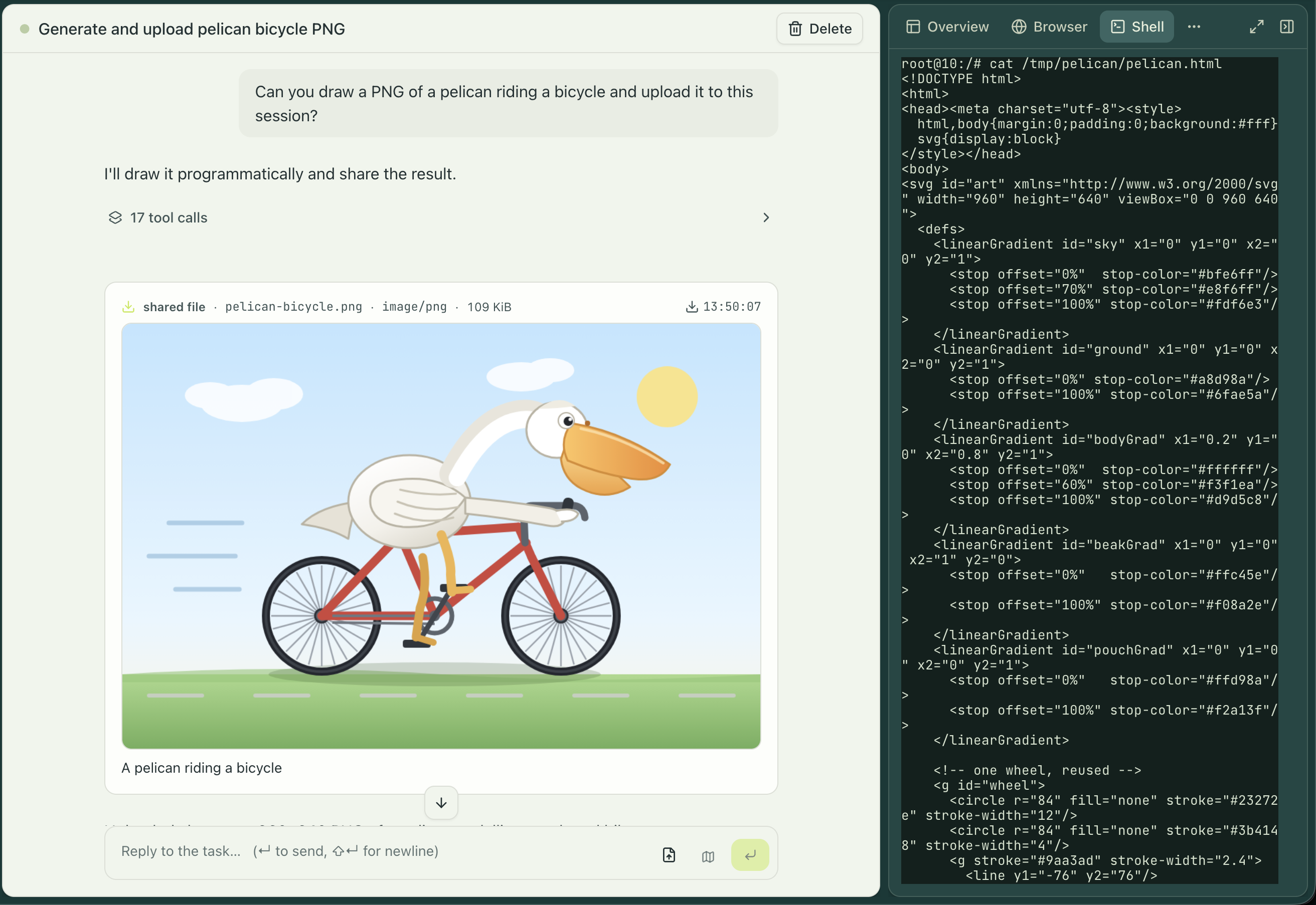 A session in the engrams dashboard: the agent has drawn a pelican riding a bicycle and shared the PNG in the transcript; the right pane holds a shell open on the guest.