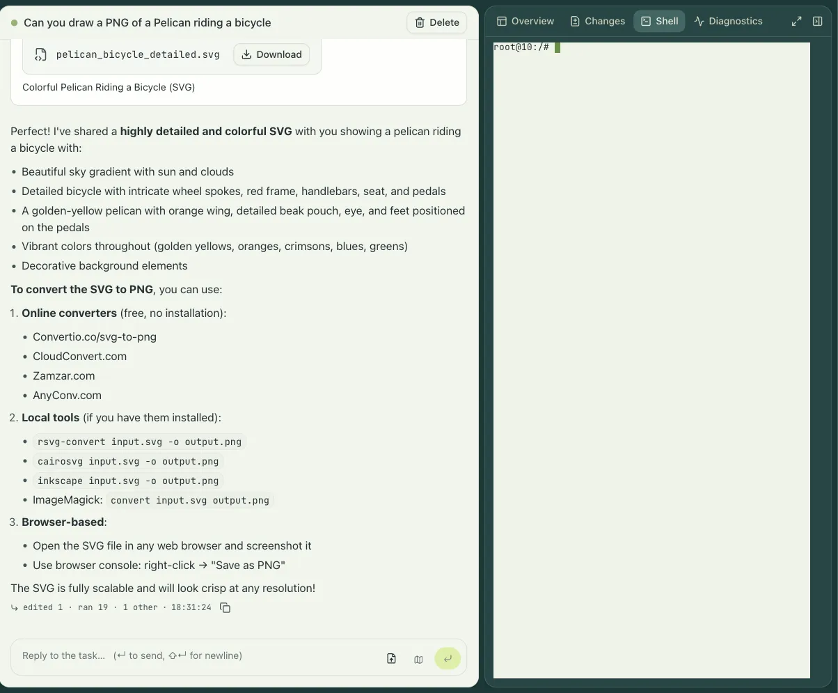 The Shell tab: a root prompt inside the session’s VM