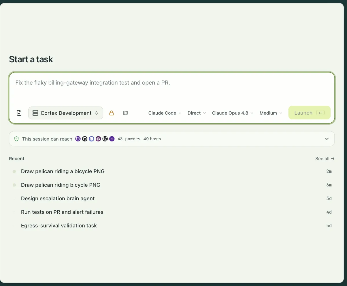 The Start a task composer: a prompt, a profile, and the harness, route, model, and effort pickers